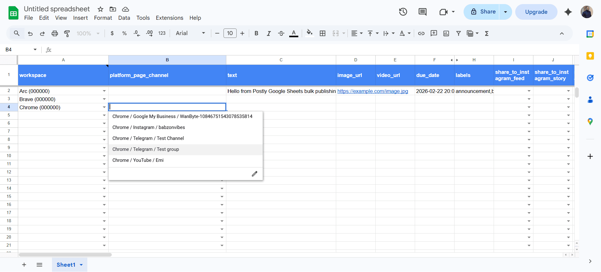 Sheet template showing workspace dropdown and platform dropdown filtered by workspace