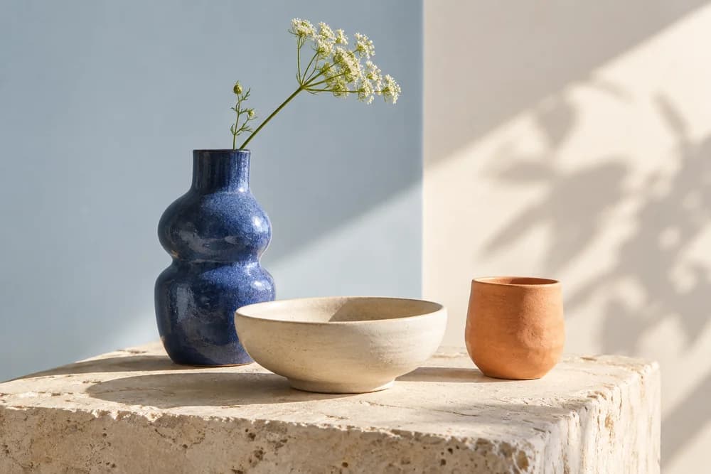 Cobalt blue, cream, and apricot ceramics arranged on a studio table.