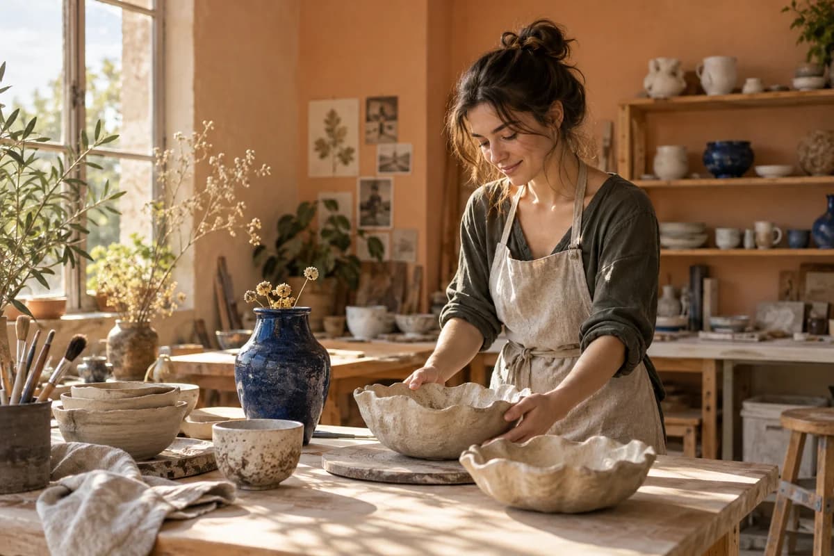 A ceramic artist arranging handmade bowls in a sunlit studio.