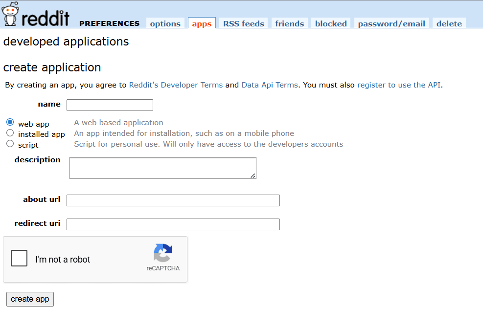Reddit app preferences create application form with web app selected