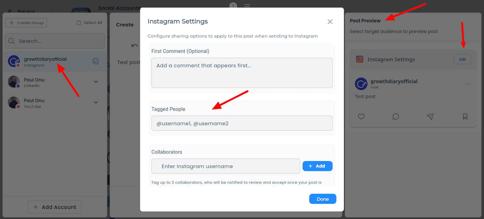 Postly dashboard guide showing how to access Tagging from the Post Preview section.