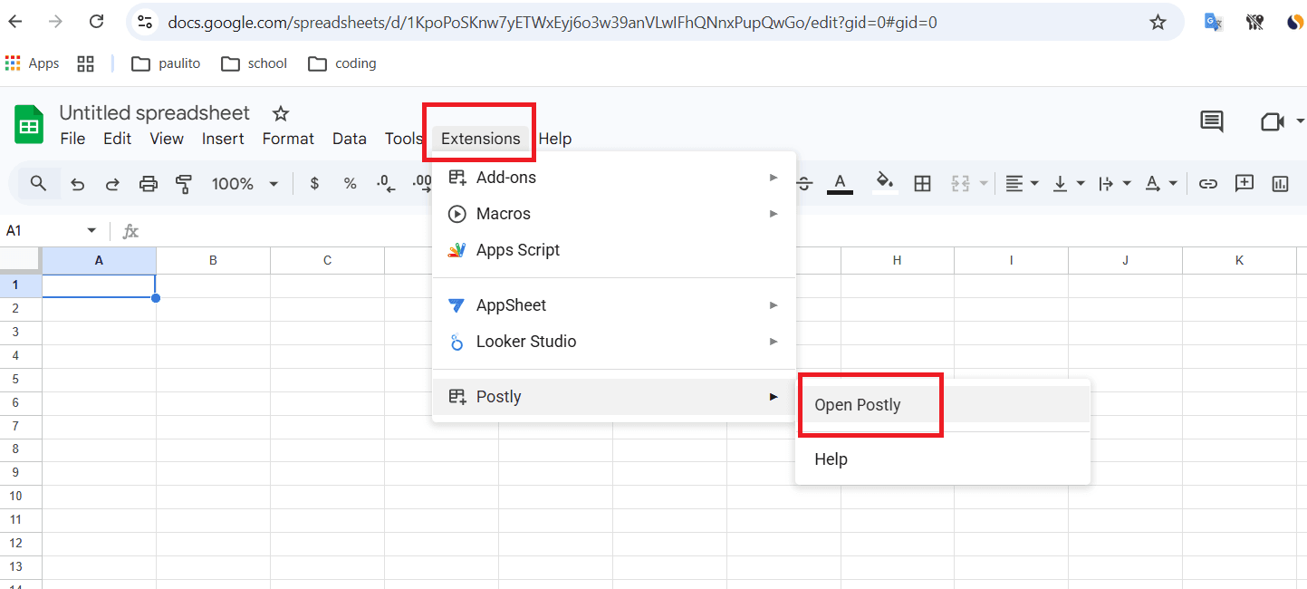 Open Postly from Extensions menu in Google Sheets