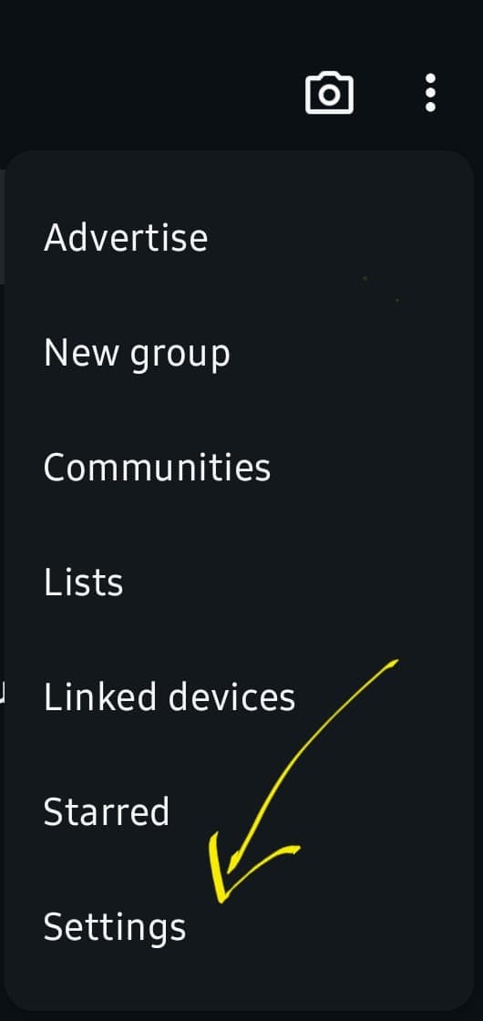 WhatsApp Business mobile menu with Settings highlighted