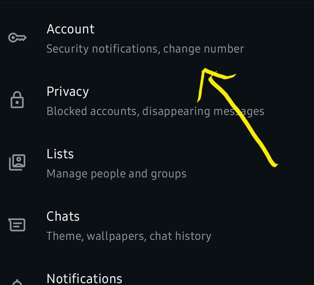 WhatsApp Business settings screen with Account highlighted