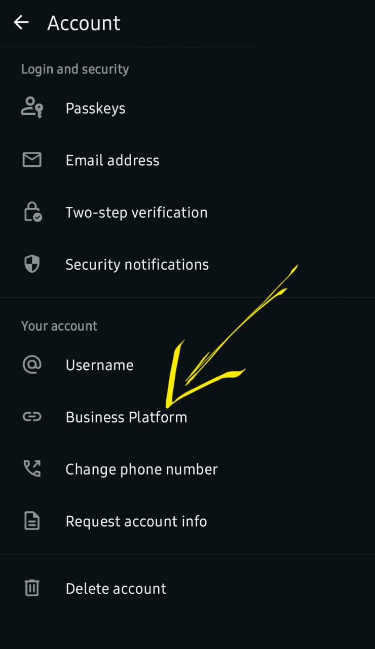 WhatsApp Business Account screen with Business Platform highlighted