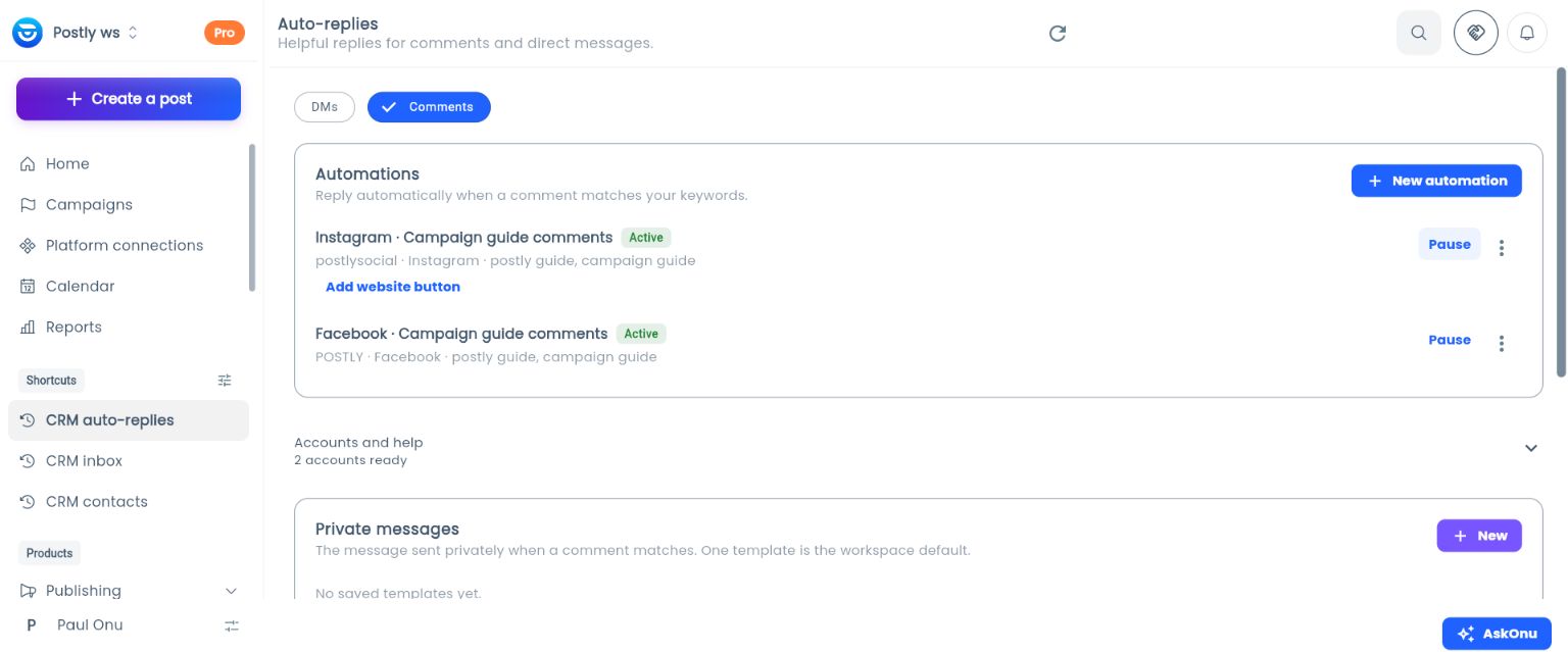 Facebook and Instagram comment rules configured to match campaign-guide requests