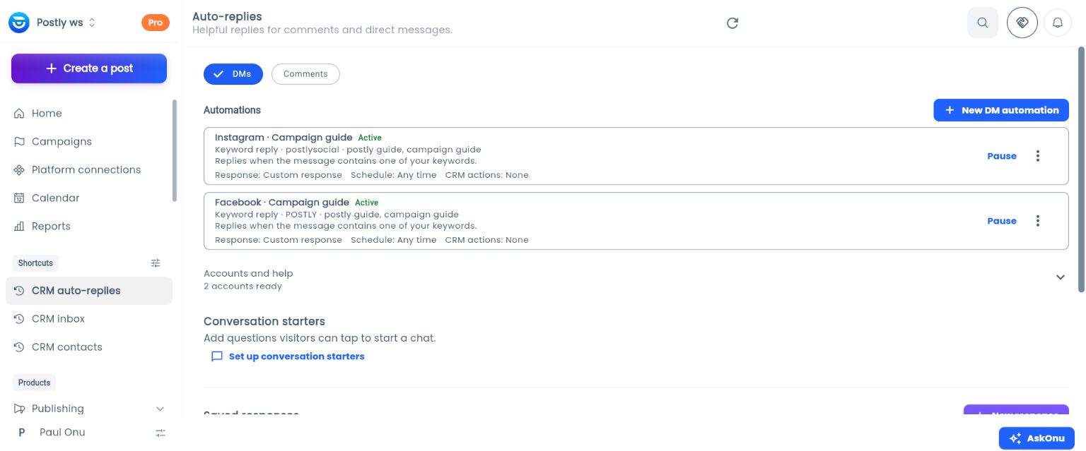 Facebook and Instagram campaign-guide DM rules shown as Active in Postly