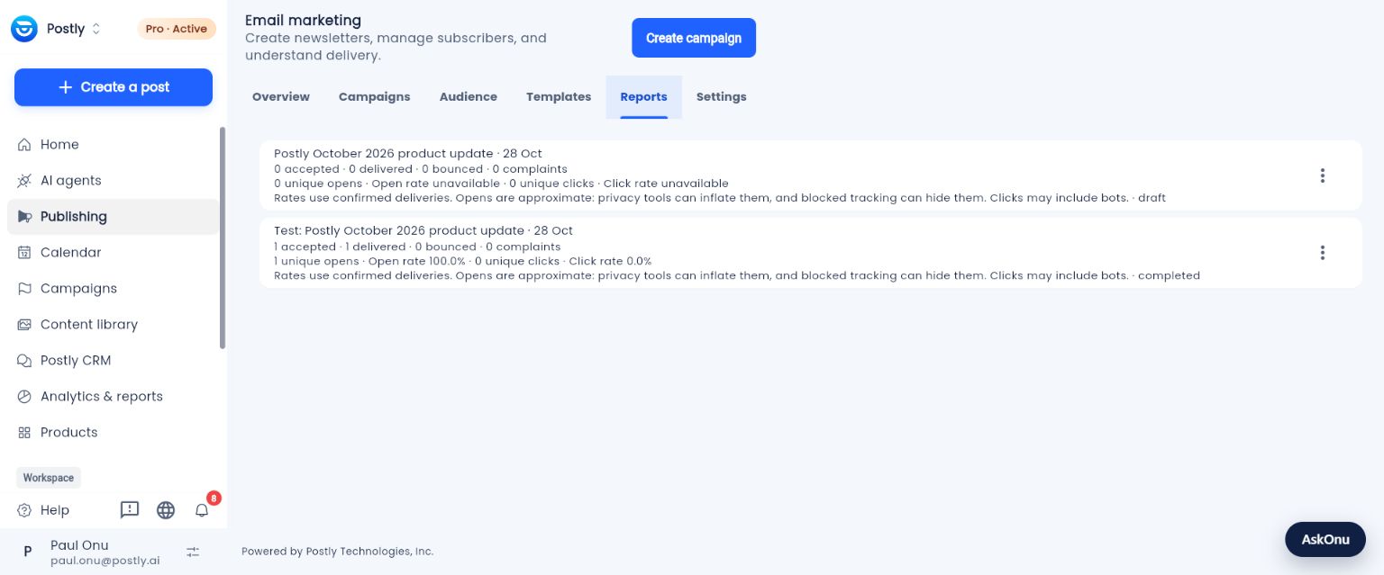 Postly Email delivery and engagement report for an owner-only test