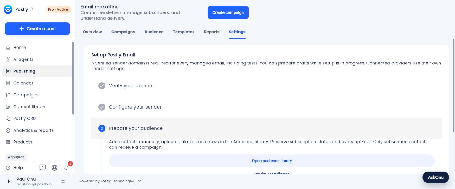 Postly Email setup after domain verification and sender configuration