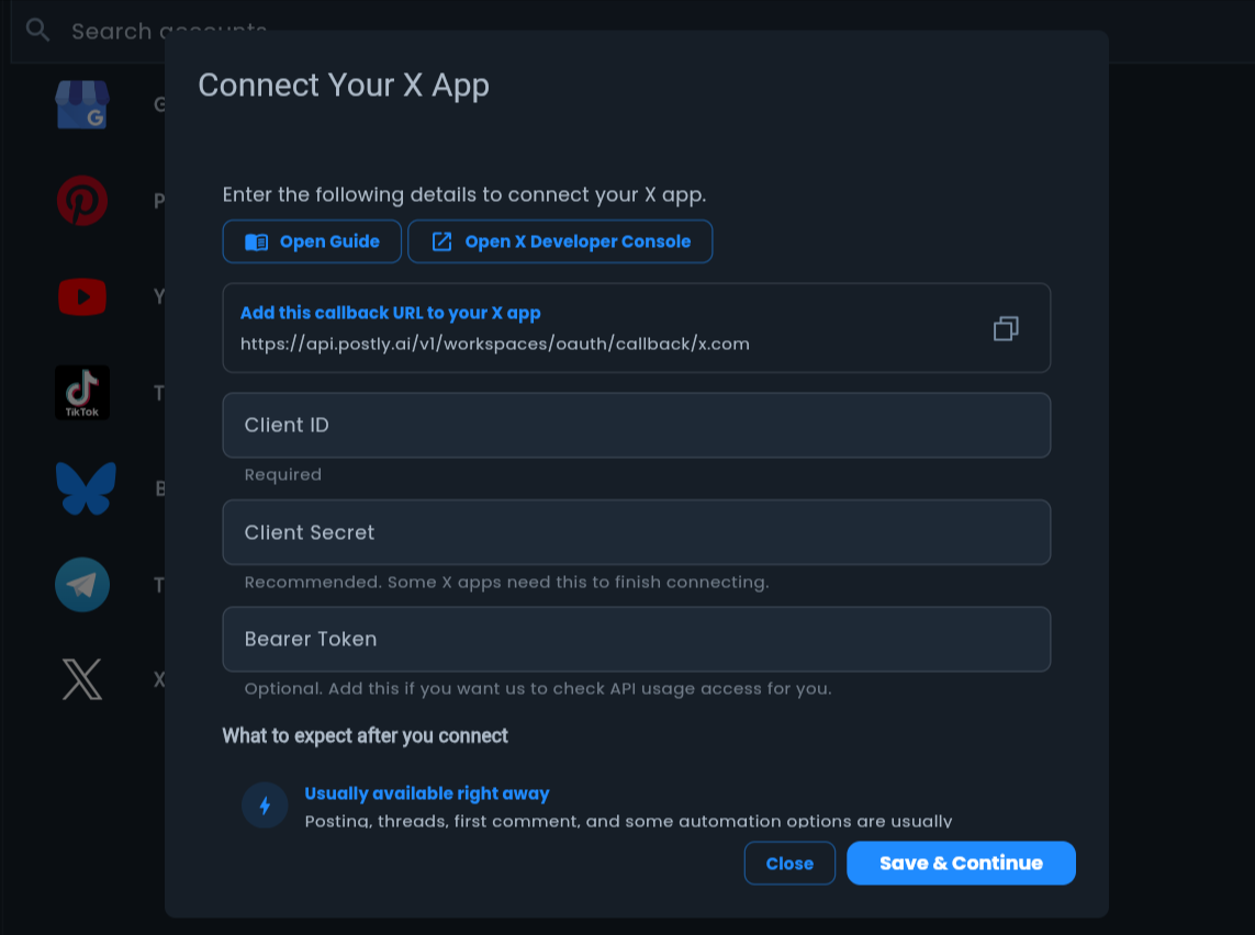 Connect and finish in Postly
